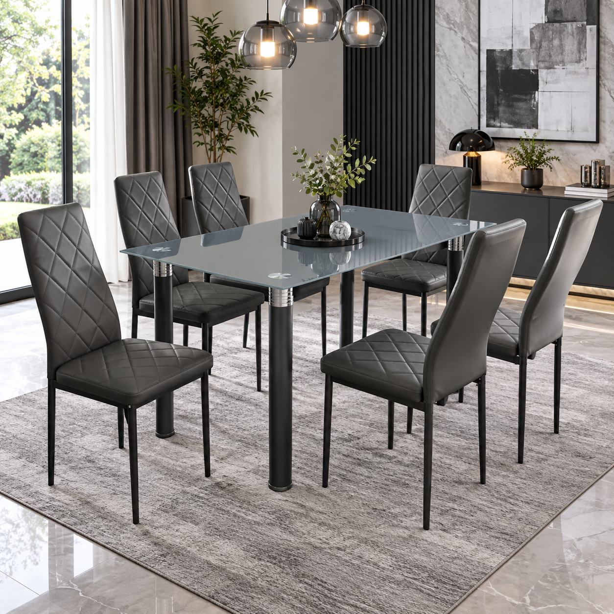 Tavrelix 6-Seater Gray Glass Dining Set