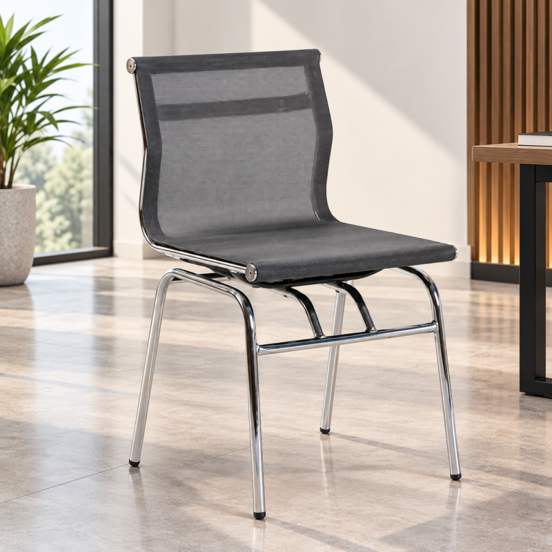 Cavren Mesh Visitor's Chair featuring a black mesh backrest and polished chrome-plated frame.