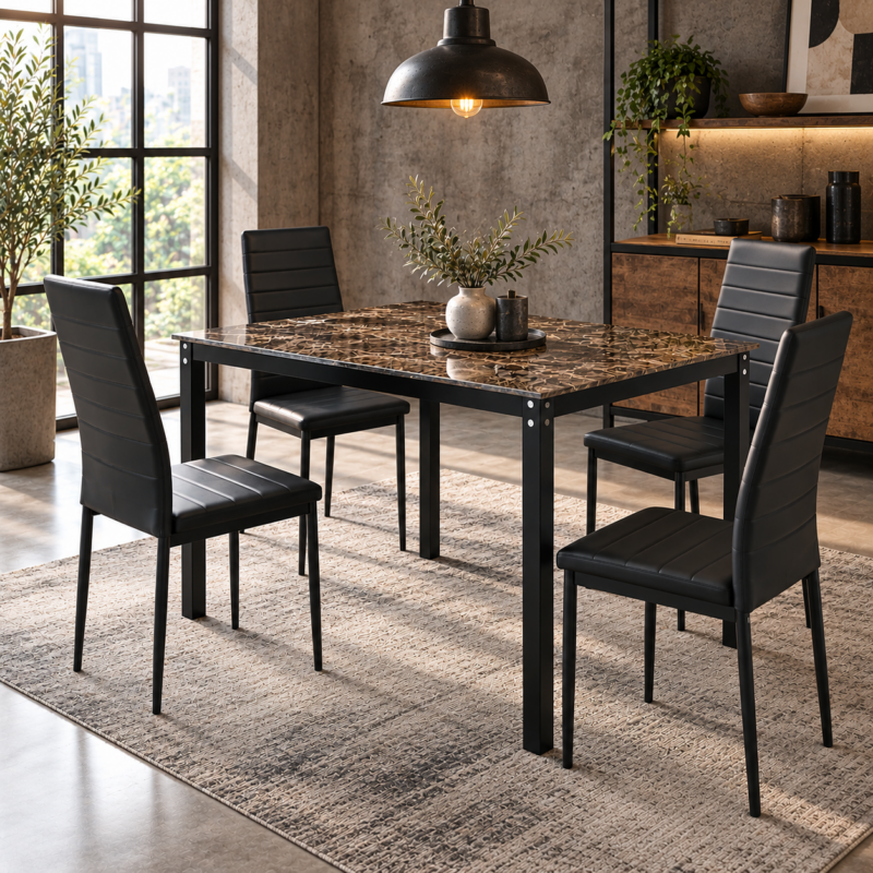 Tervanix 4-Seater Marble-Look Glass Dining Set – Brown & Black