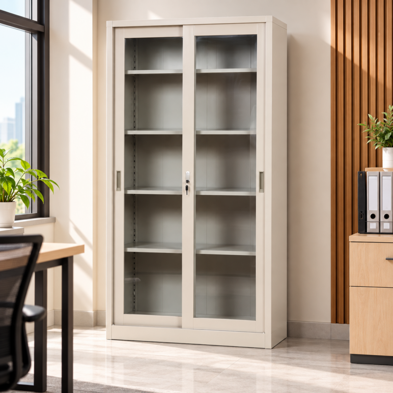 Jorvelle Sliding Glass Door Steel Office Cabinet – Beige
