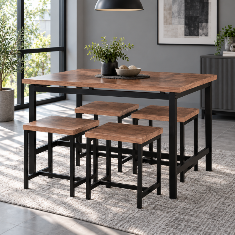 Roventrix 4-Seater Industrial Dining Set – Medium Brown & Black