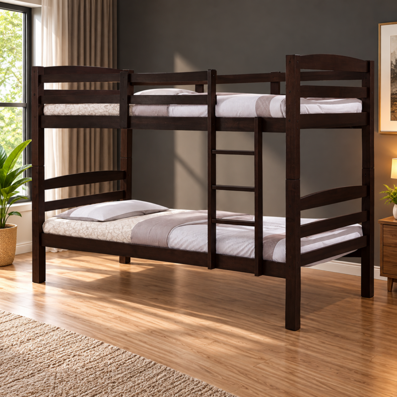 Palverin Wooden Double Deck Bed in Wenge Dark Brown with Ladder