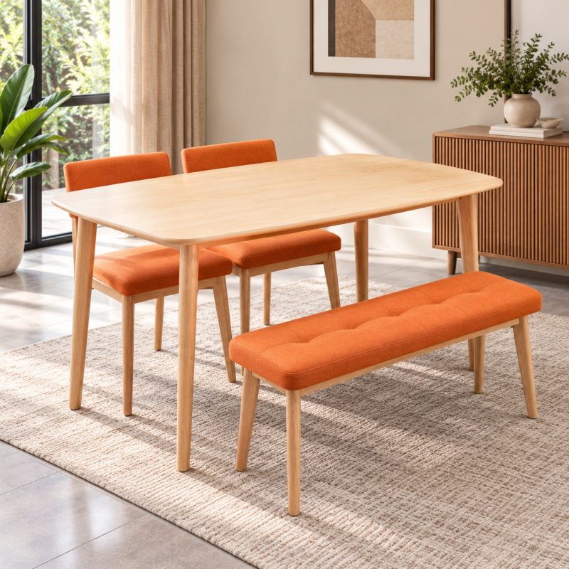 Rovellune 4-Seater Wooden Dining Set with Bench – Orange