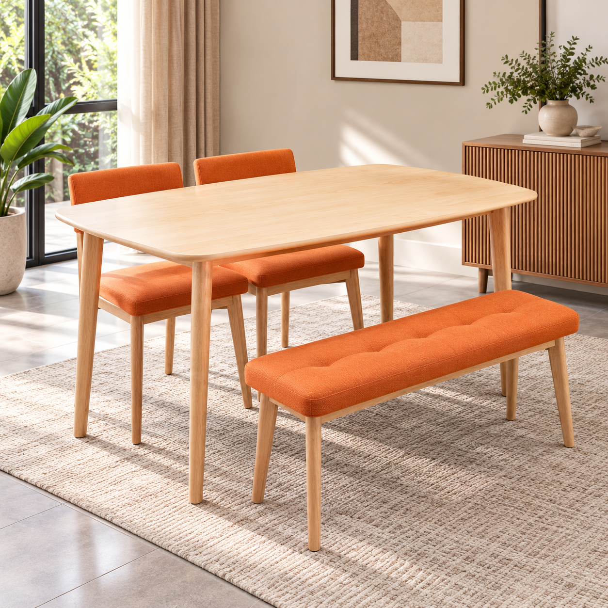 Rovellune 4-Seater Wooden Dining Set with Bench – Orange