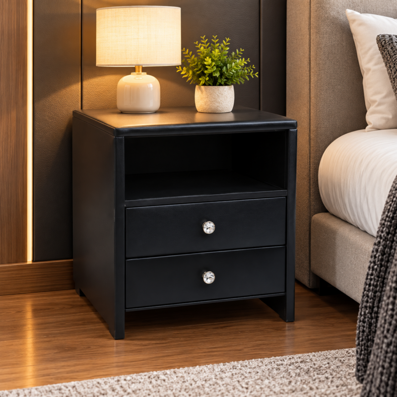 Mavelle Leather 2-Drawer Bedside Table – Black