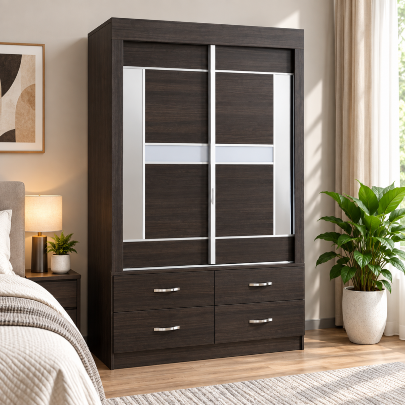 Fervayne Sliding-Door Wardrobe with 4 Drawers – Wenge