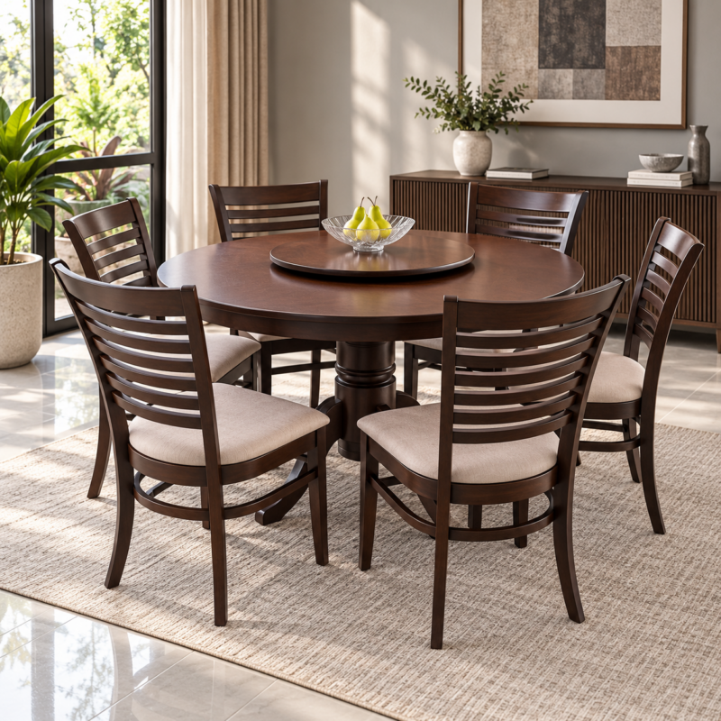 Pavendrix 6-Seater Round Wooden Dining Set with Lazy Susan