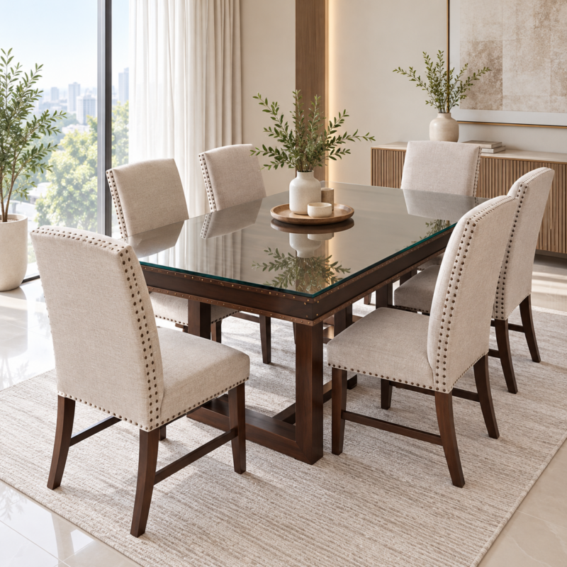 Ivermont 6-Seater Antique Oak Wooden Dining Set with Glass Top