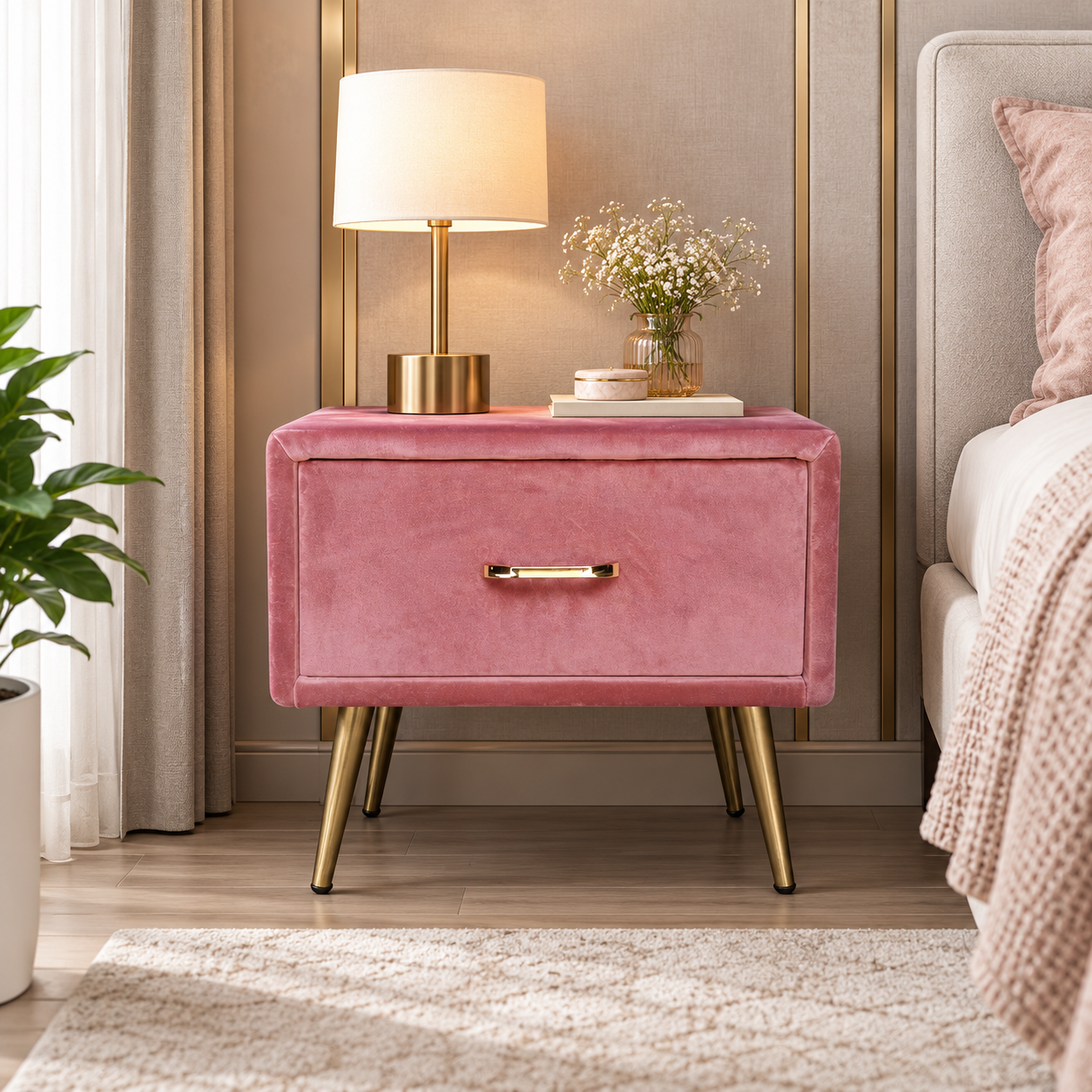 Jovienne Upholstered 1-Drawer Bedside Table – Rose Gold