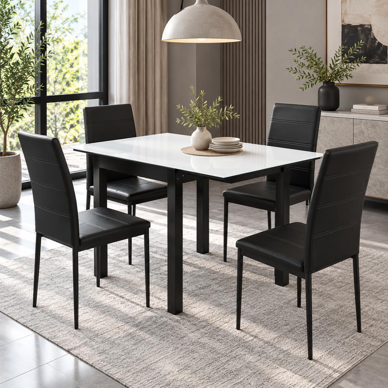 Avernique 4-Seater Extendable Glass Dining Set – White & Black