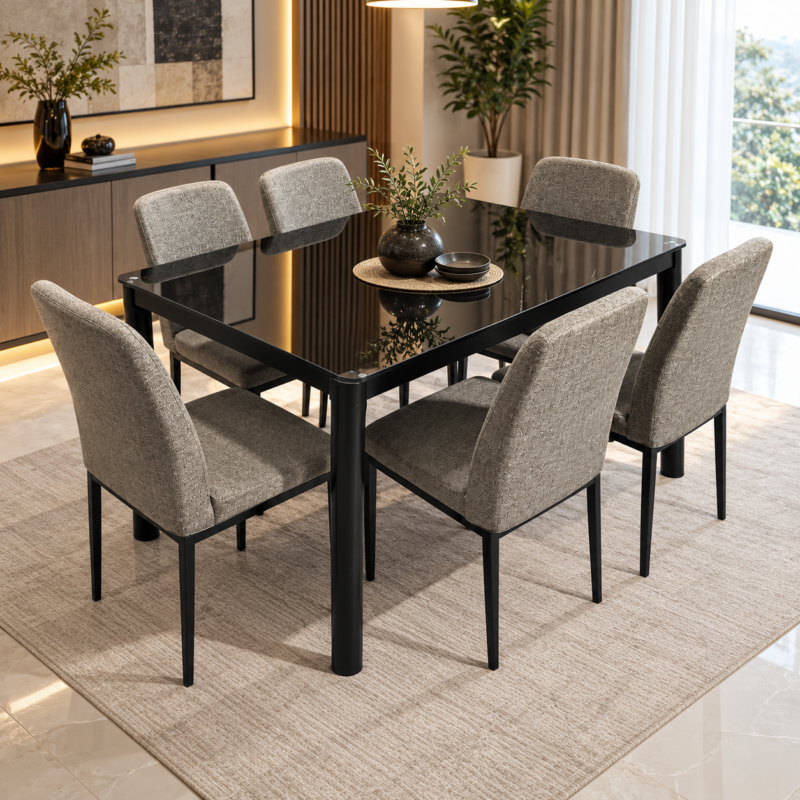 Aveltrix 6-Seater Black Tempered Glass Dining Set