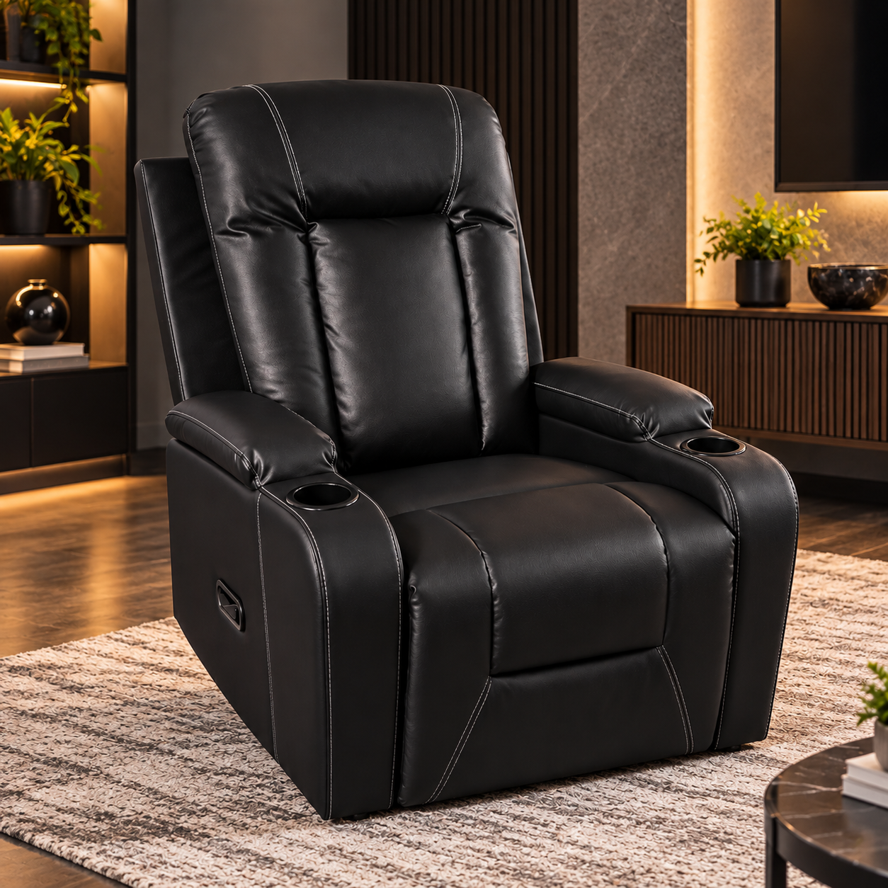 Huxmere Black Leatherette Recliner Chair with Cushioned High Backrest and Two Built-In Cup Holders