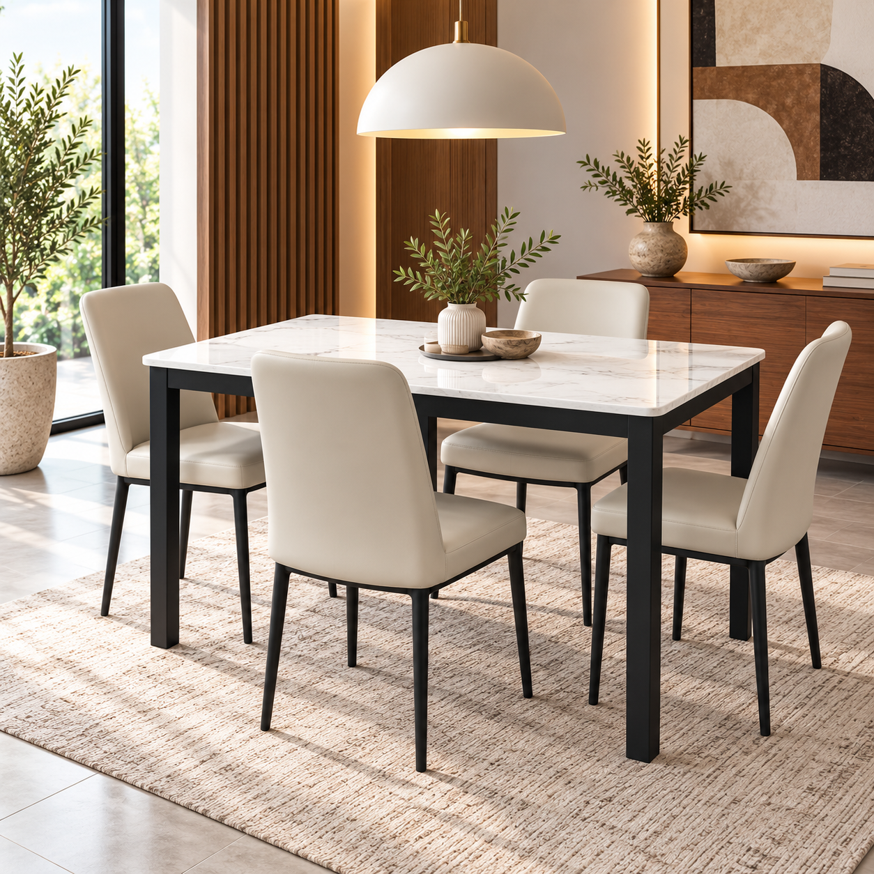 Averisse White Marble Dining Set with Beige Leatherette Chairs