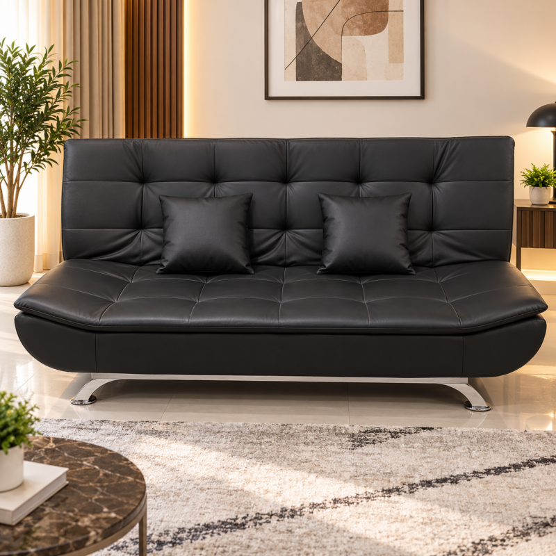 Paventra Convertible Leather Sofa Bed – Black