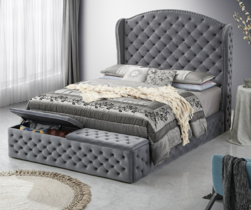 Jess Upholstered Bed with Footboard Storage – Queen Size