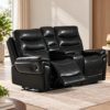 Huxmere black leather reclining loveseat with cup holders