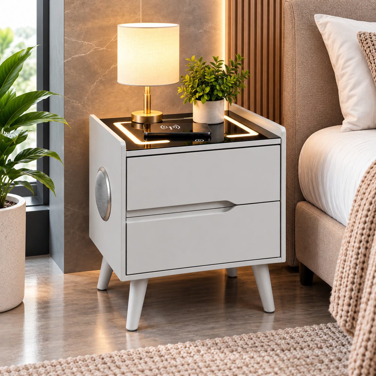 Mavion Bedside Table w/ Wireless Charging & Bluetooth Speaker