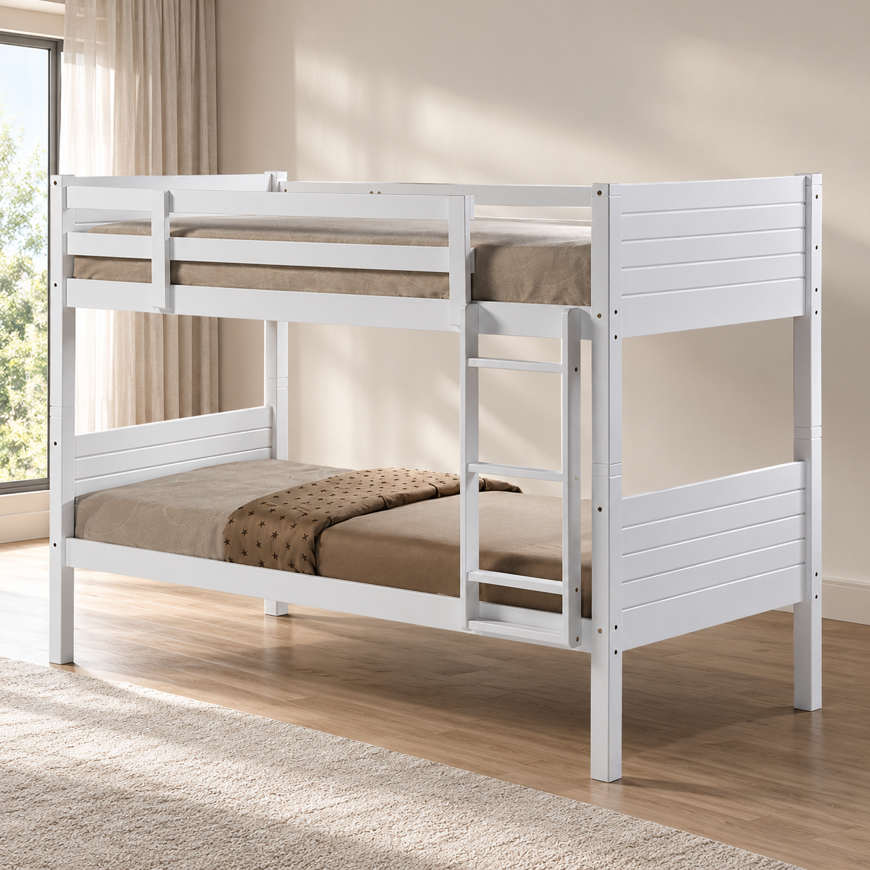 Luvienne White Wooden Double Deck Bed with built-in ladder and upper guardrails, convertible into two single beds