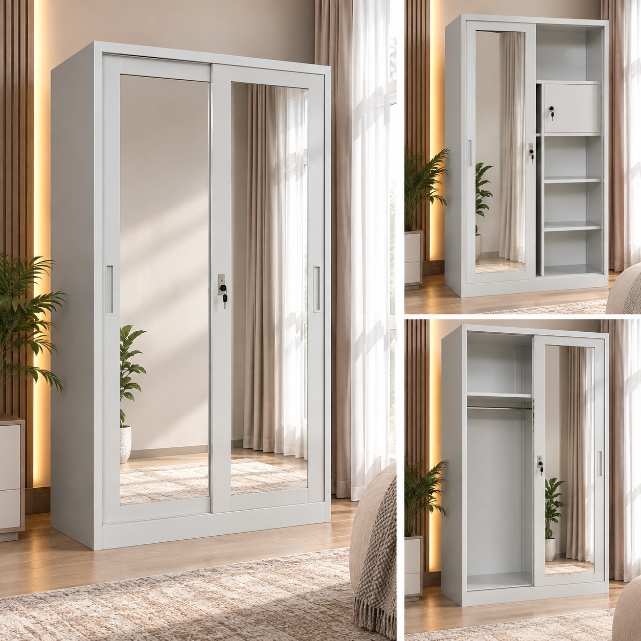 Meldrisse Double-Mirror Metal Wardrobe – Grey