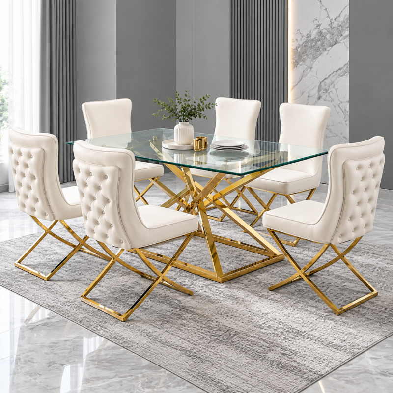 Ivorexia 6-Seater Gold & Glass Dining Set