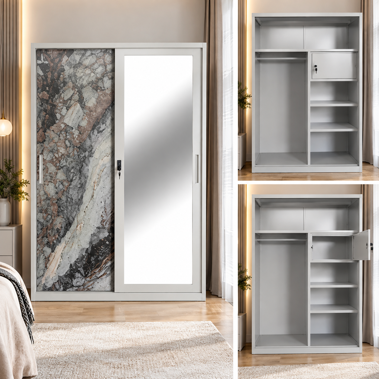 Meralune Sliding-Door Metal Wardrobe with Mirror – Grey Marble