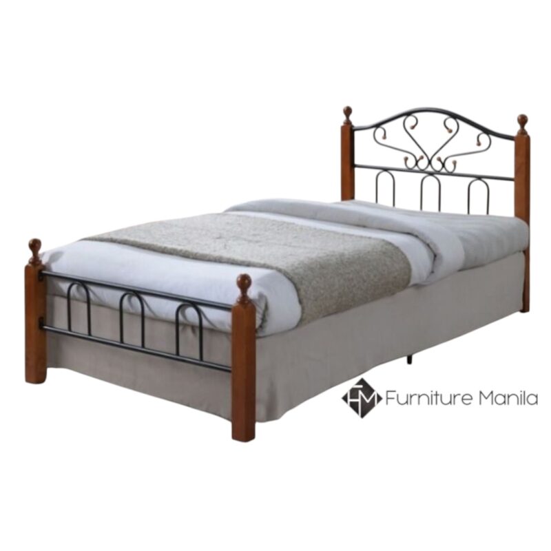 Lucia Classic Iron Bed Frame – Black & Walnut Wood (Twin Size)