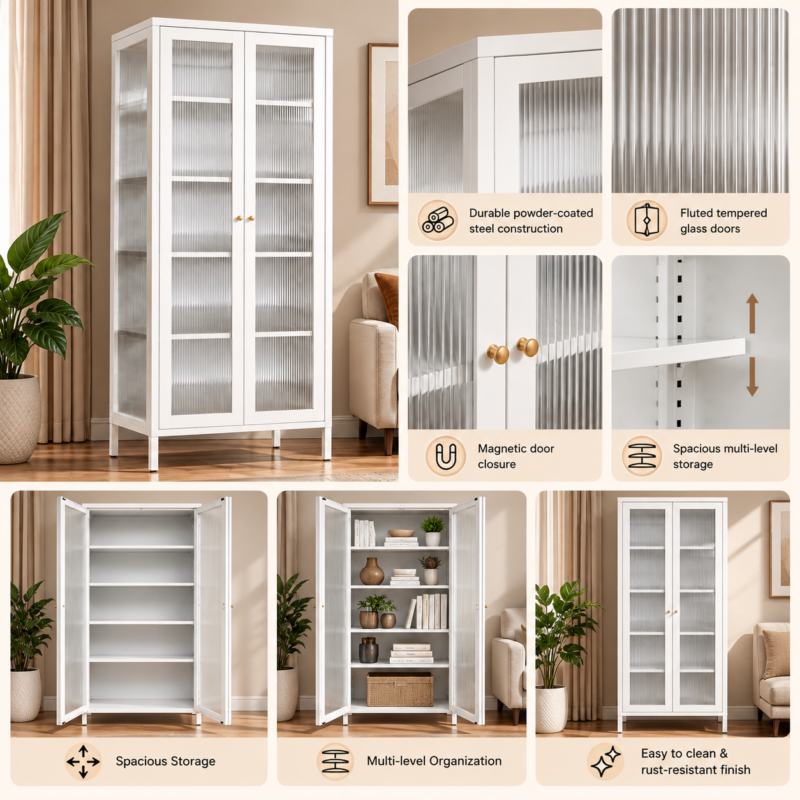 Alternative view of LumiVista Fluted Glass Display Cabinet – 80 cm Wide (White)