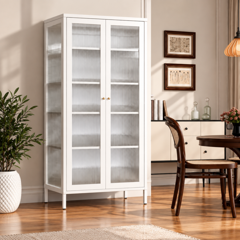 LumiVista Fluted Glass Display Cabinet – 80 cm Wide (White)