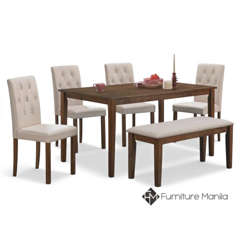Savona 6-Seater Dining Set with Bench (Cream Fabric Chairs)