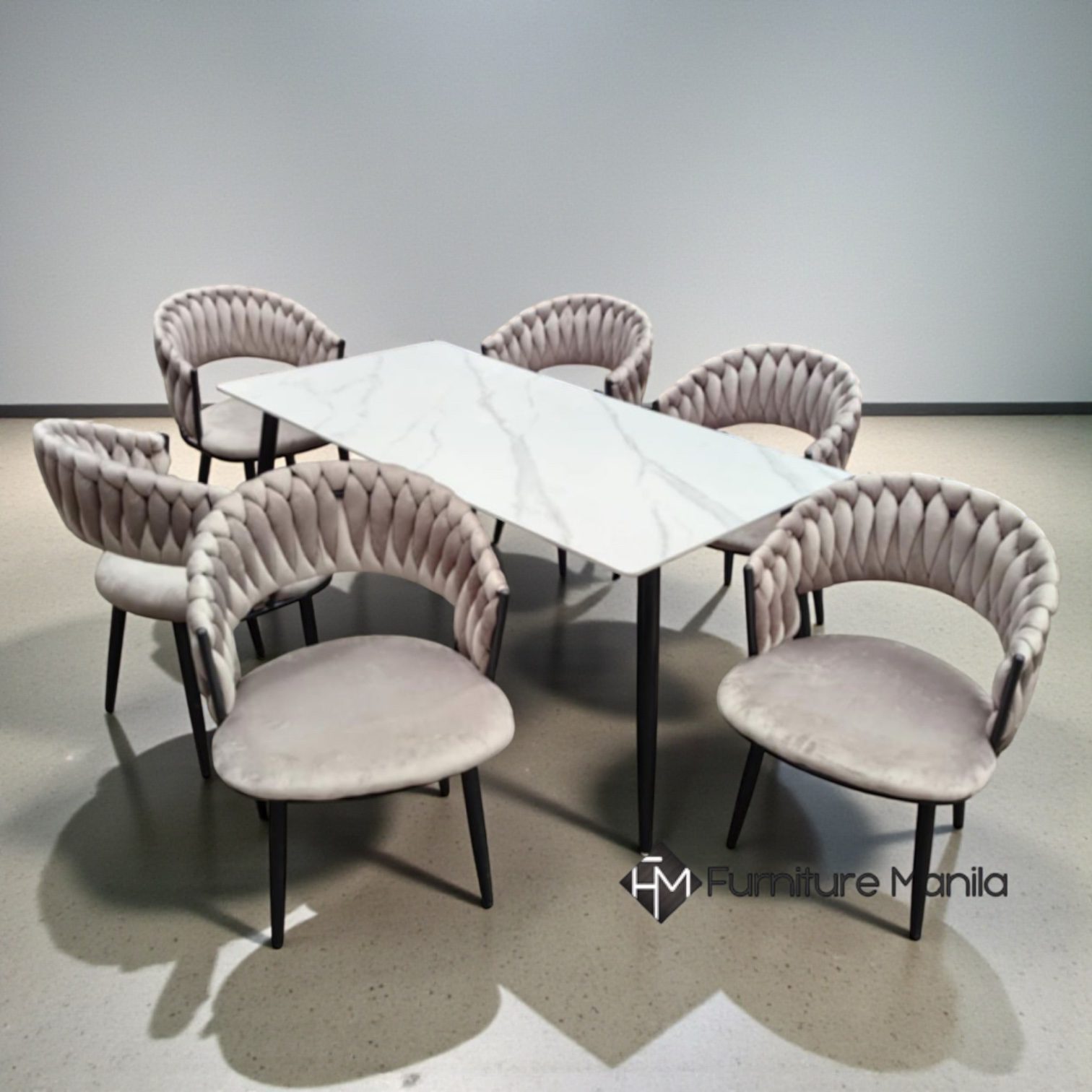 Carrara Sintered Stone Dining Set with Braided Velvet Chairs - Image 2