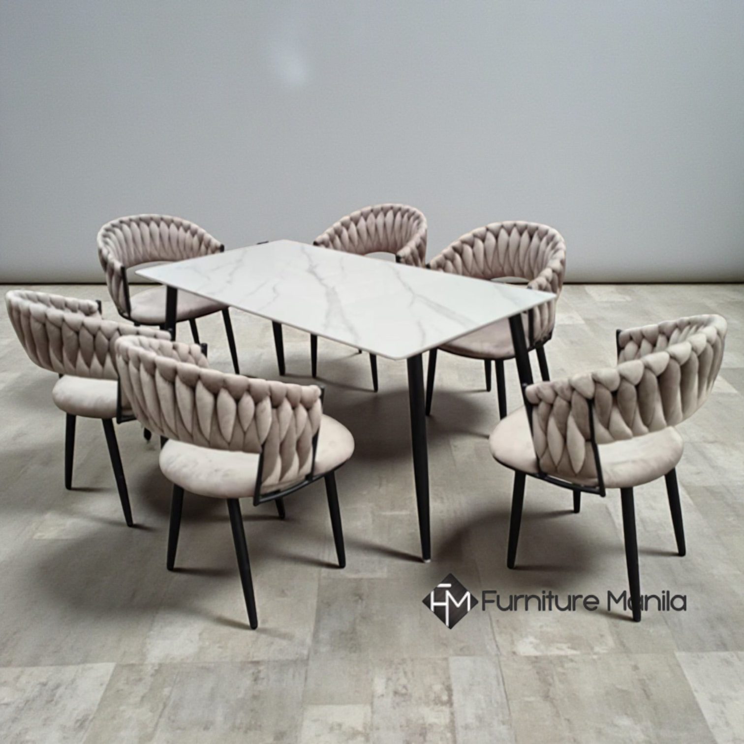 Carrara Sintered Stone Dining Set with Braided Velvet Chairs