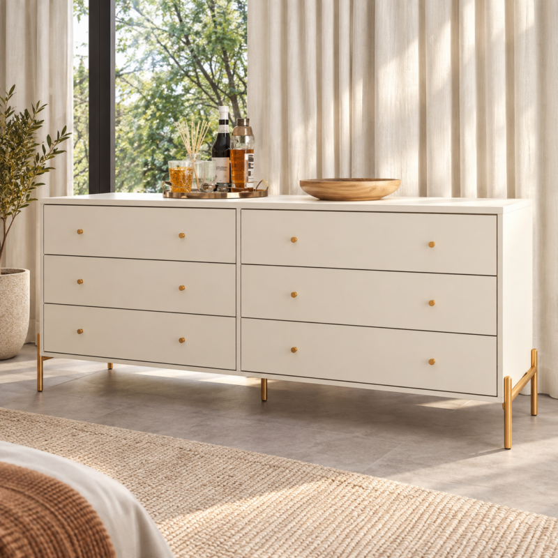Davenelle 6-Drawer Wide Dresser – Off-White & Gold