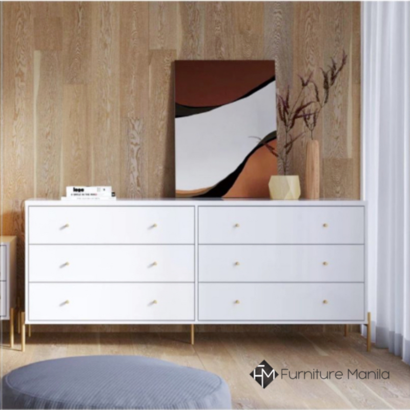 Juno 6-Drawer Luxe Dresser 1.8m (White Gloss with Gold Legs)