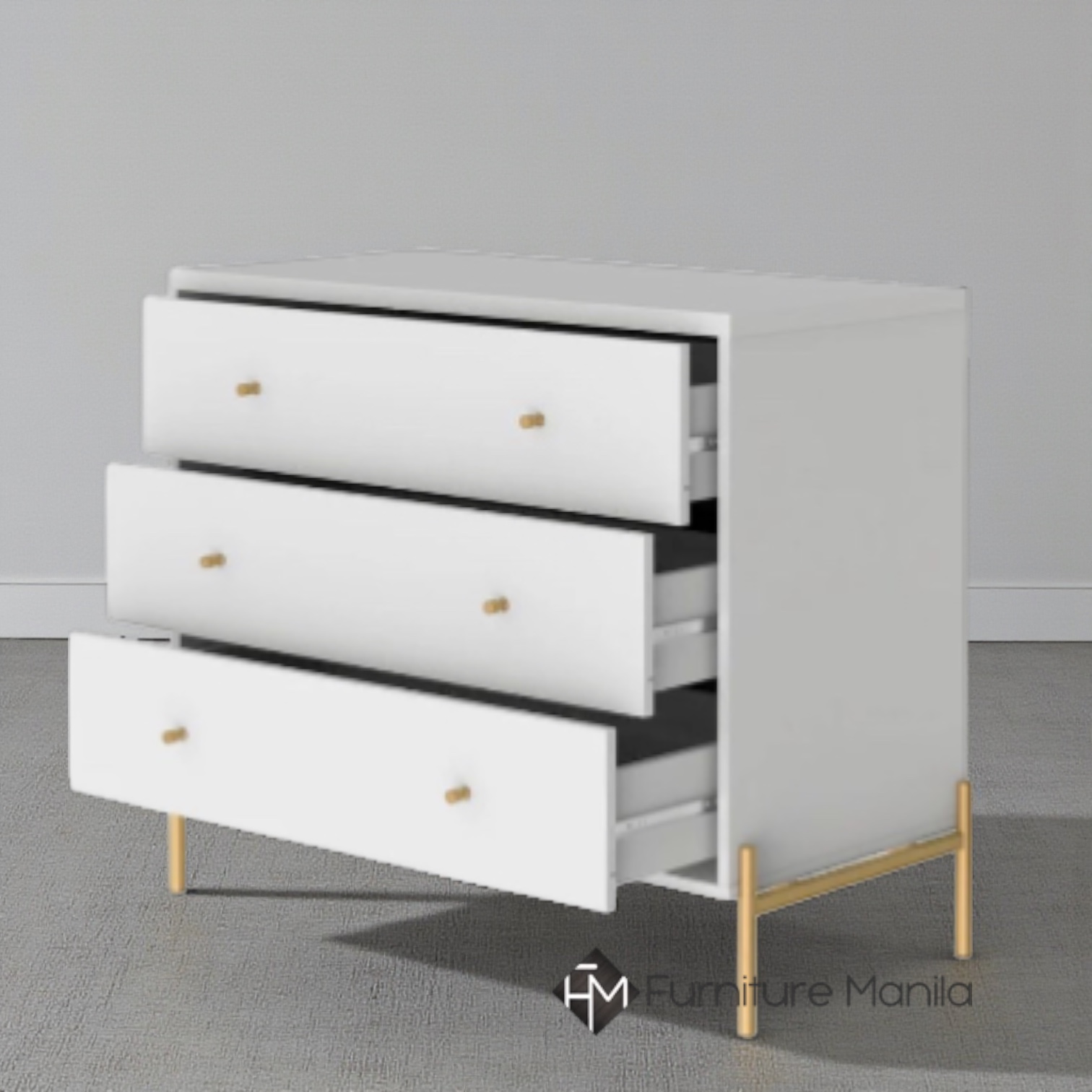 LuxeBranco 3-Drawer Chest with Gold Legs (90cm)