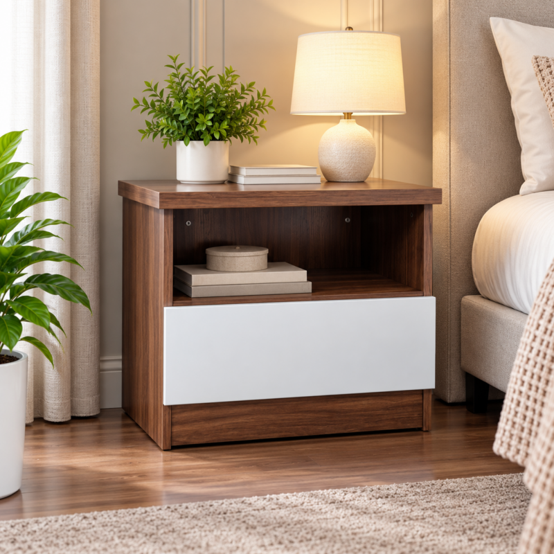 Mirevon 1-Drawer Bedside Table with Open Shelf – Walnut & White