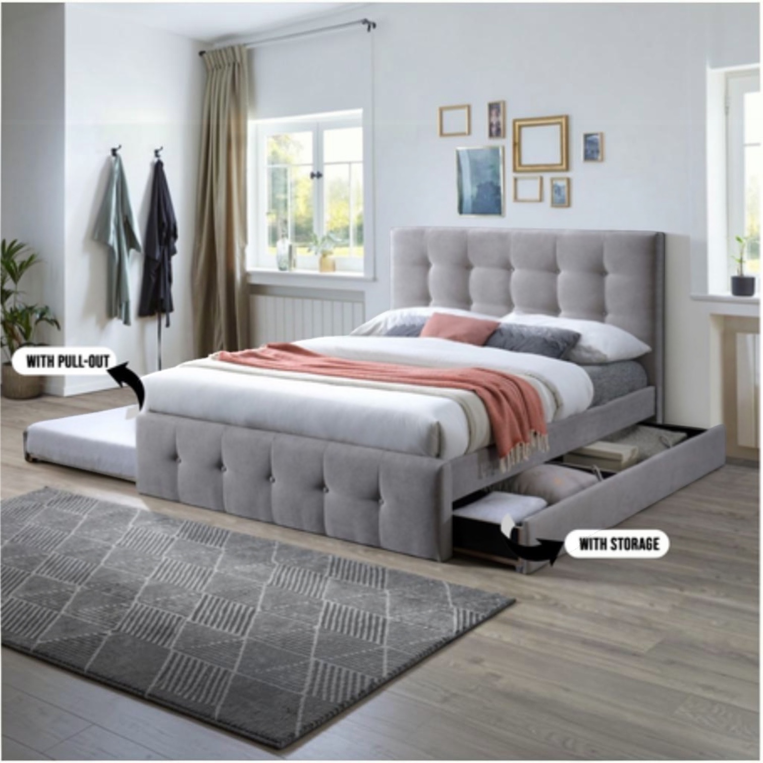 Delmare Queen Upholstered Bed Frame w/ Single Pull-Out & Storage