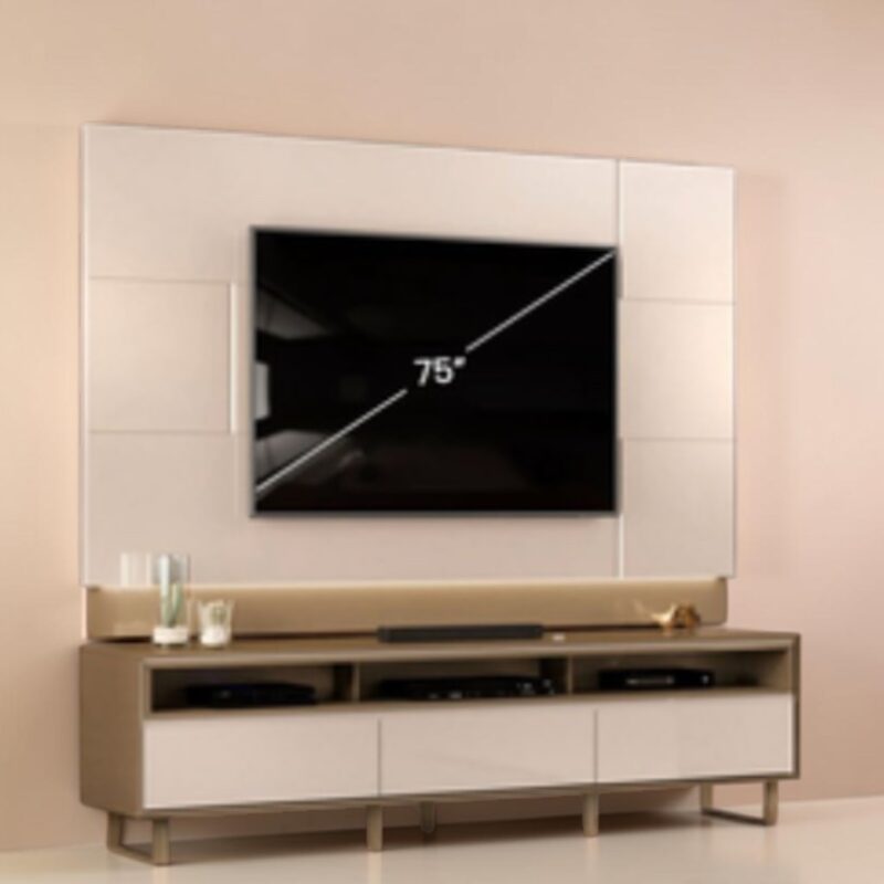 Dunhaven TV Stand w/ Wall-Mounted Panel and LED Light - Off White