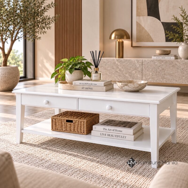 Hedley White Coffee Table with 2 Drawers & Shelf