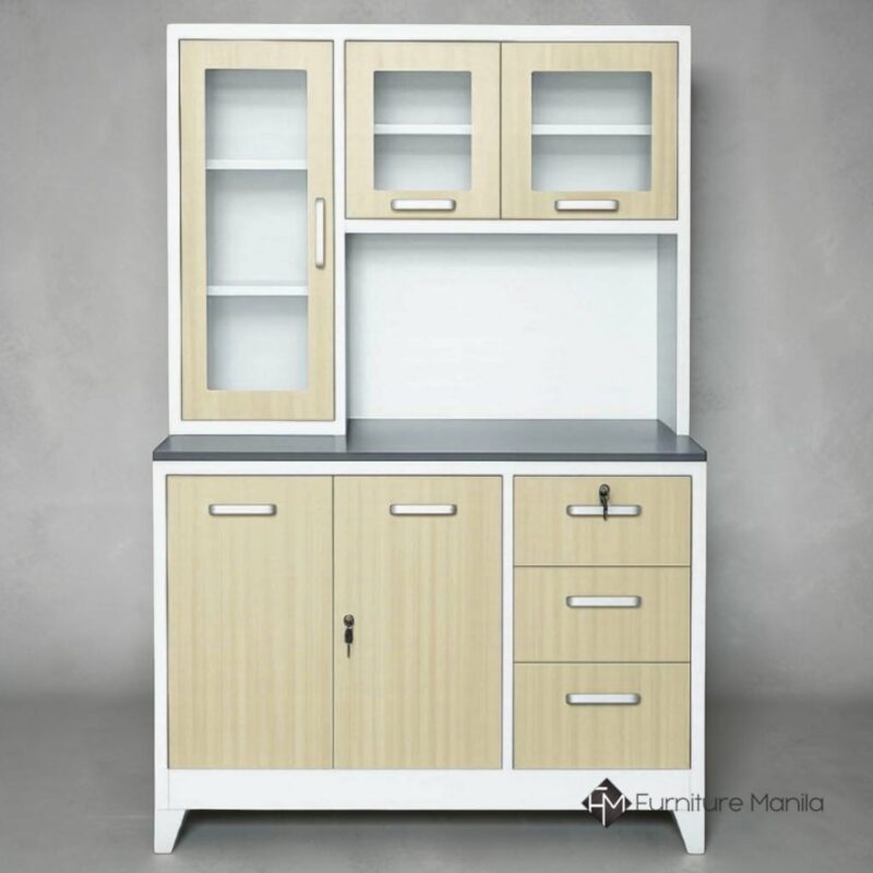 Kensington Compact Metal Kitchen Cabinet with Glass Display Hutch