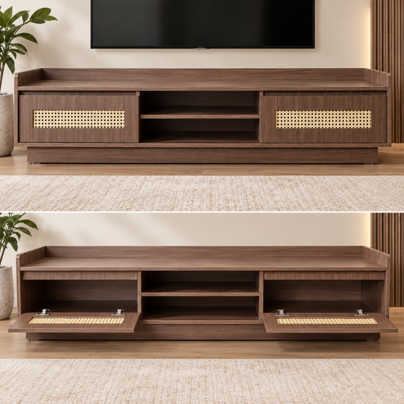 Mavelle Rattan-Accent TV Console – Walnut