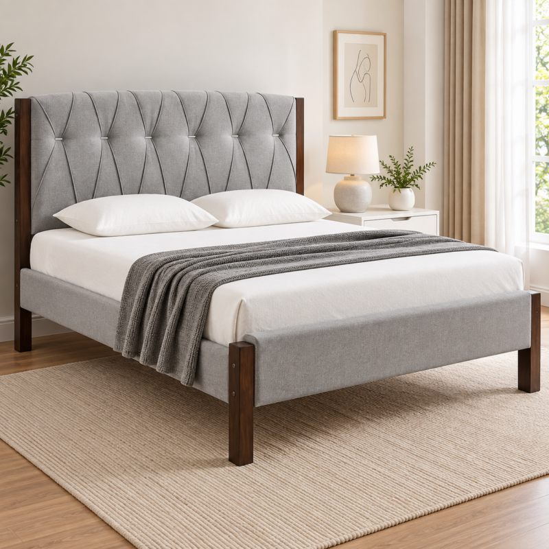 Mireford Upholstered Bed Frame with Tufted Headboard – Grey
