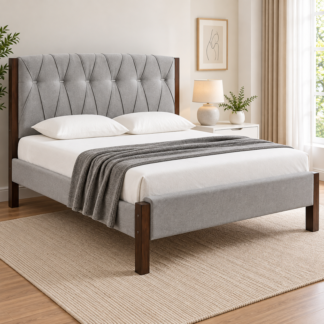 Mireford Upholstered Bed Frame with Tufted Headboard – Grey