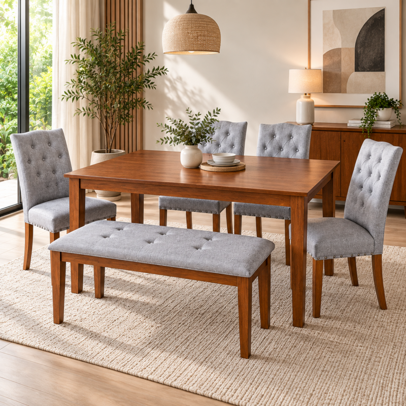 Mirelle 6-Seater Dining Set with Bench – Grey Fabric
