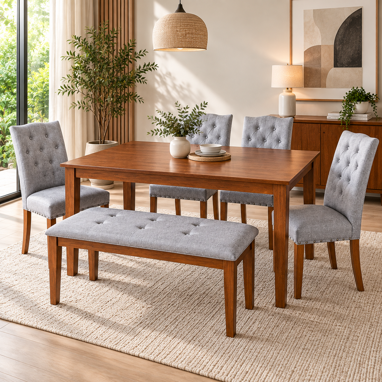 Mirelle 6-Seater Dining Set with Bench – Grey Fabric