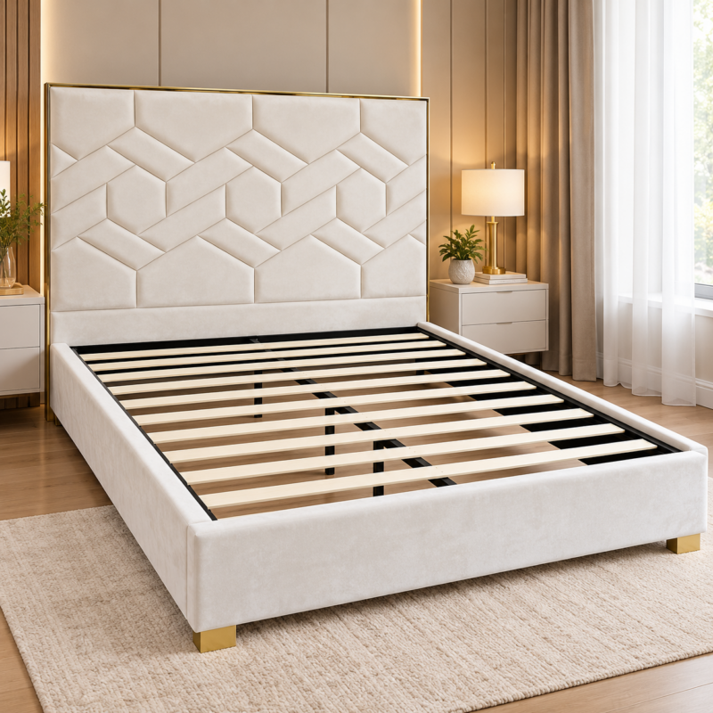 Mireston Geometric High-Headboard Upholstered Bed Frame – Queen