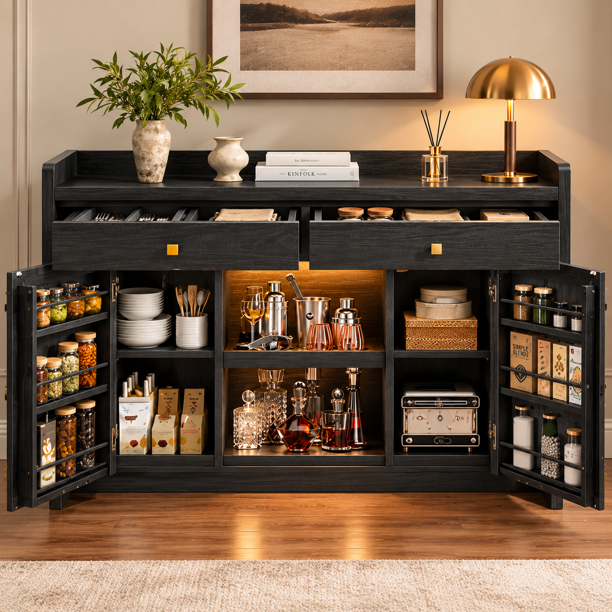 Montrevia LED Buffet Cabinet with Charging Station – Black - Image 3