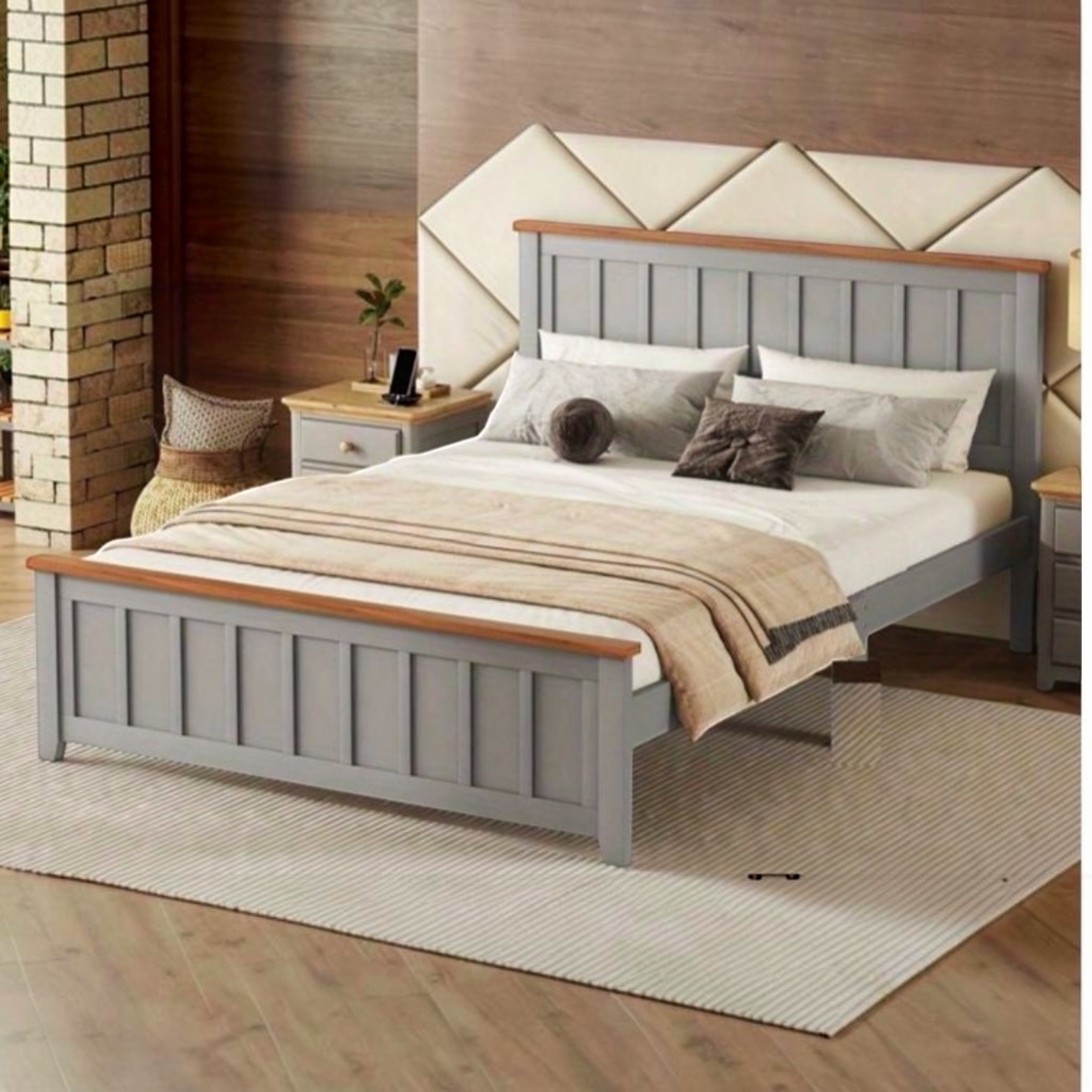 Mornelle Two-Tone Wooden Bed Frame – Light Grey - Image 2