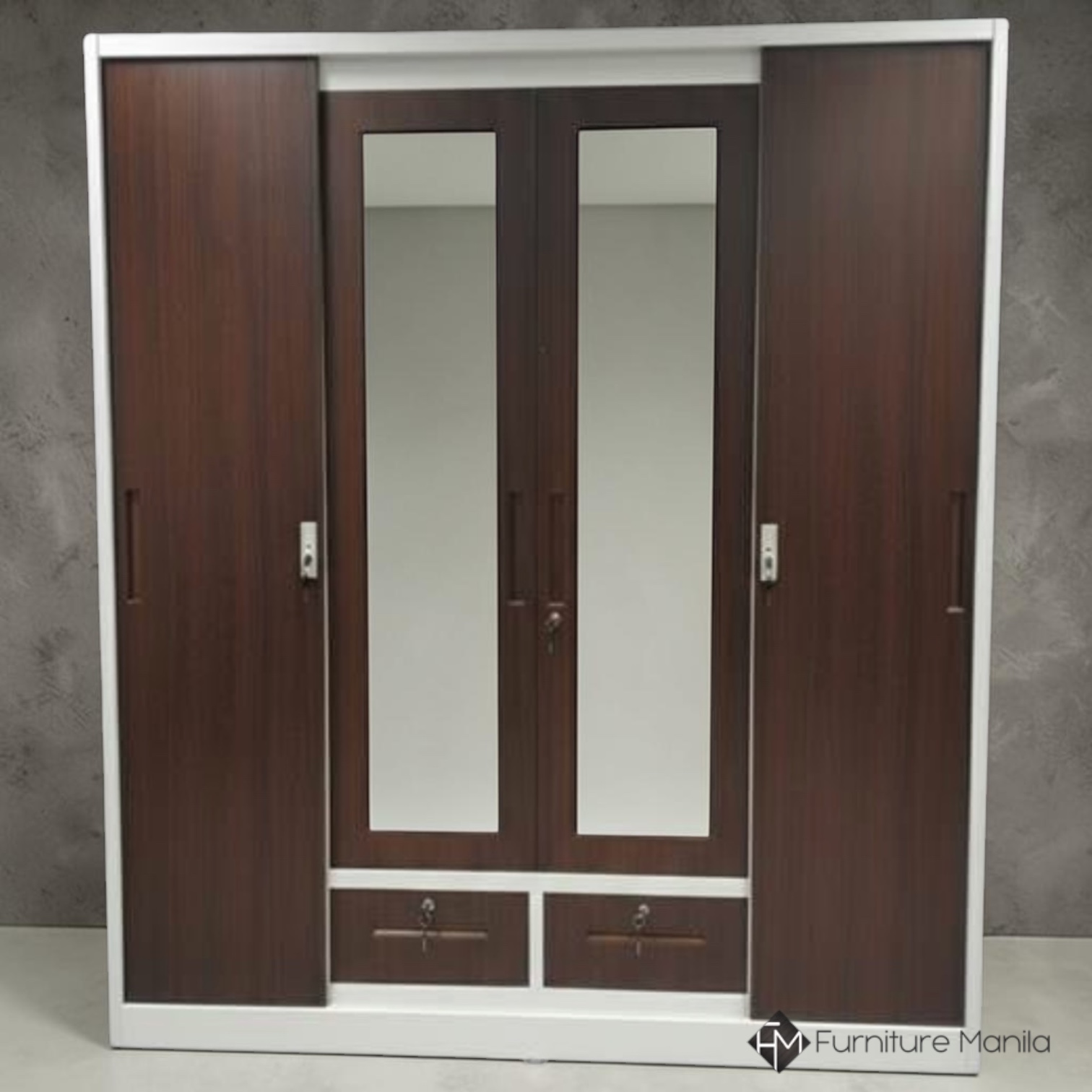 Wexford 4-Door Metal Wardrobe with Dual Mirrors – Walnut