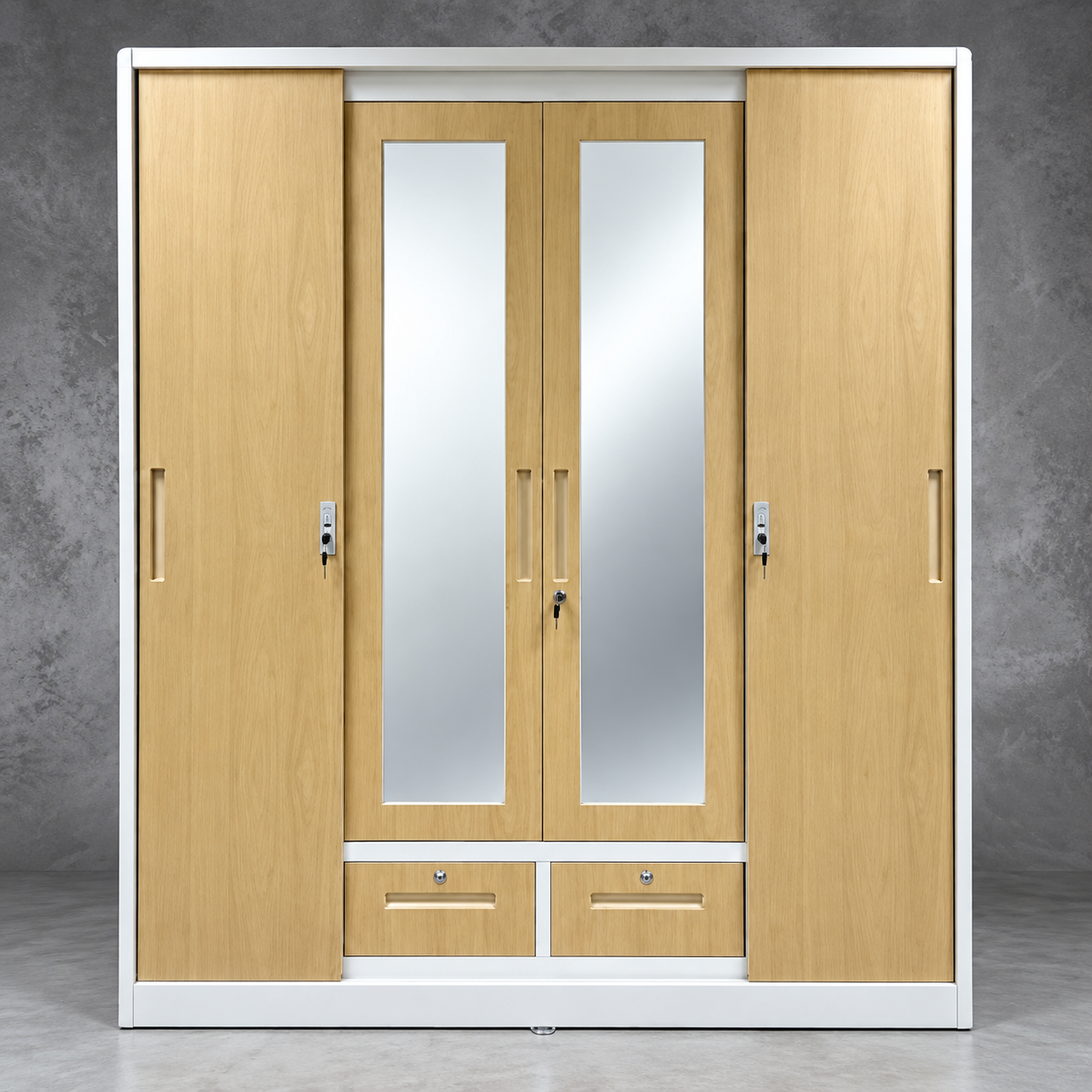 Wexford 4-Door Metal Wardrobe with Dual Mirrors – Beech