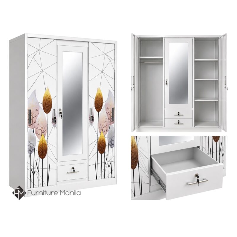 Yarrow 3-Door Metal Wardrobe with Mirror & 2 Drawers